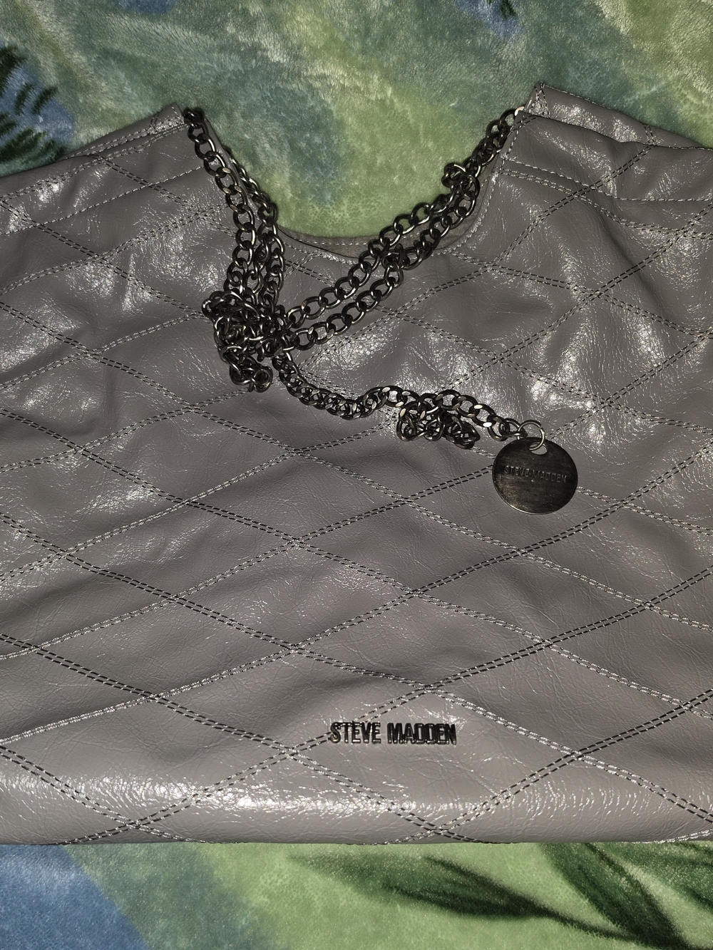Steve Madden Quilted Light Gray Shoulder Tote with Chain Strap